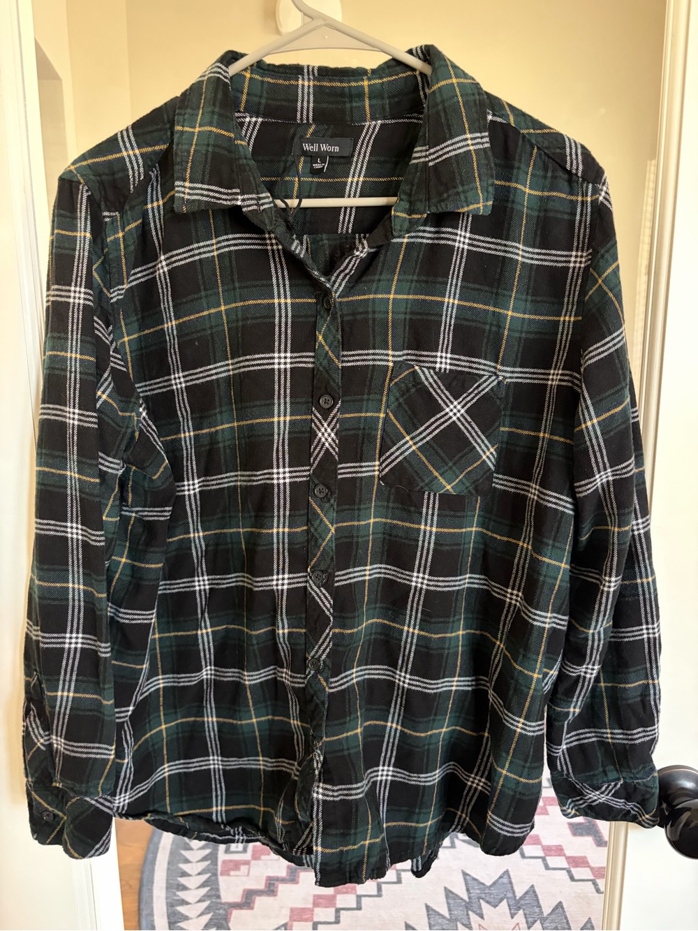 Well Worn Green, Black and White Plaid Button-Down Shirt
